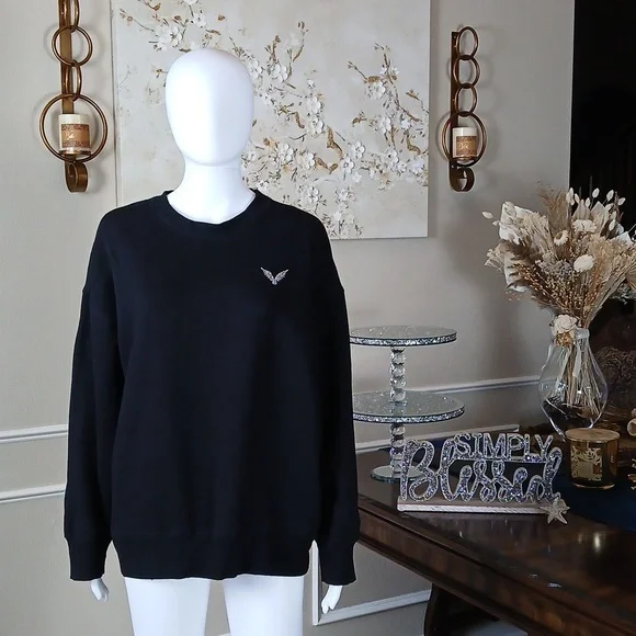 Victoria's Secret Angel Rhinestones Logo Women's Black Fleece Sweatshirt. Size M - Picture 6 of 17